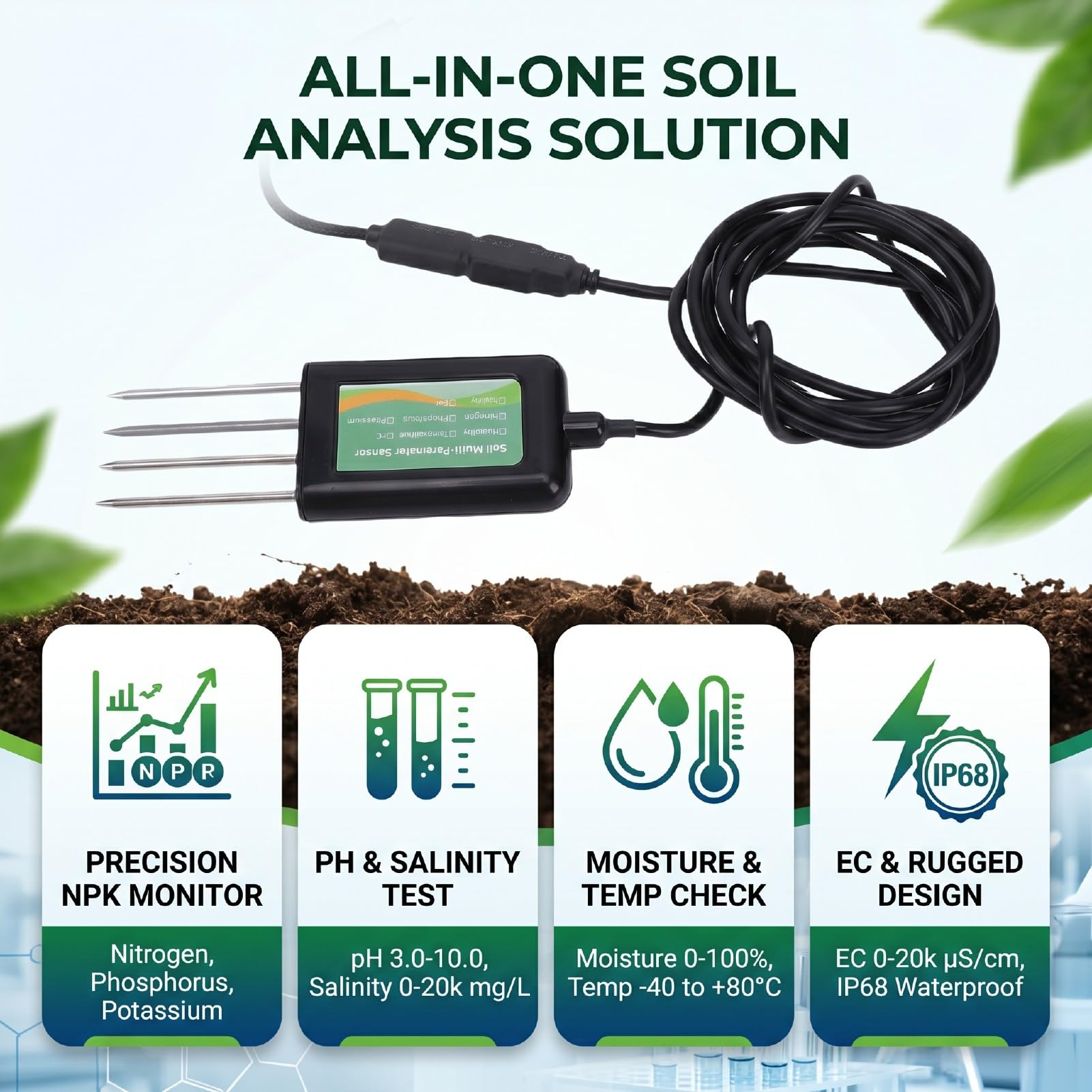 Fockety Probador de Suelo 7 en 1, Temperatura Humedad EC PH Nitrógeno Potasio NPK, Sensor de Suelo Digital a Prueba de Agua IP68 para Agricultura, Césped, Jardinería, Agricultura
