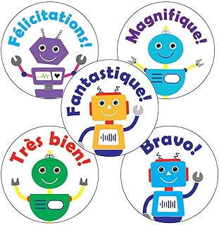 150 Mixed French Language Robot Childrens Pupils School Praise Teachers Reward Stickers 25mm Primary Teaching Services
