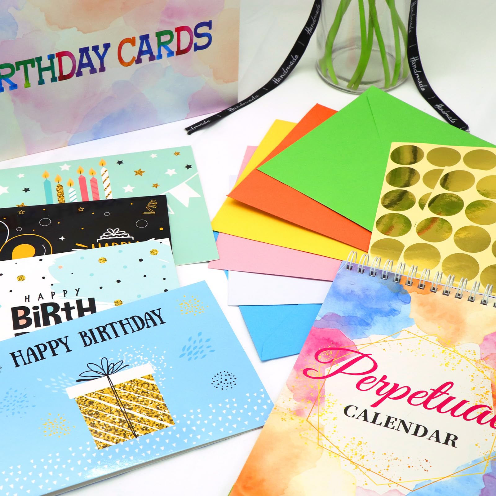 Biglietti assortiti di buon compleanno, set da 100 biglietti di compleanno unici con buste, adesivi con sigillo dorato, calendario di compleanno, scatola regalo di compleanno con messaggio