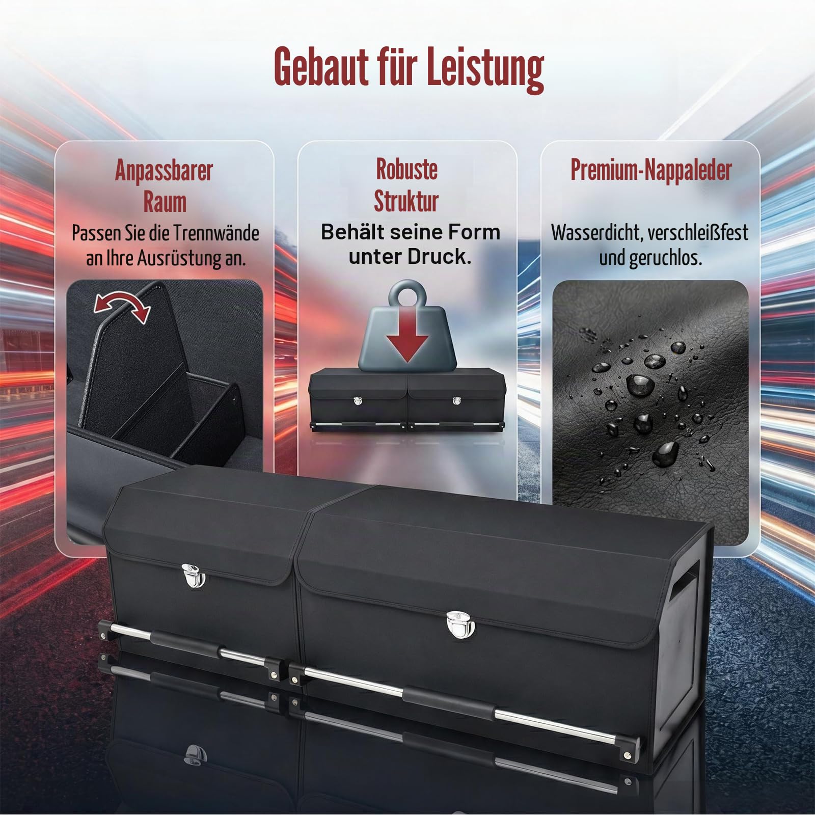 Kofferraum Organizer mit Deckel, 2-in-1 Modular XXL Aufbewahrungsbox aus Hochwertigem Nappa-Leder, Tragbarer Push-Pull-Griff, 92L Großraum Staubox passend für Auto, SUV und Van (103x29x31cm)