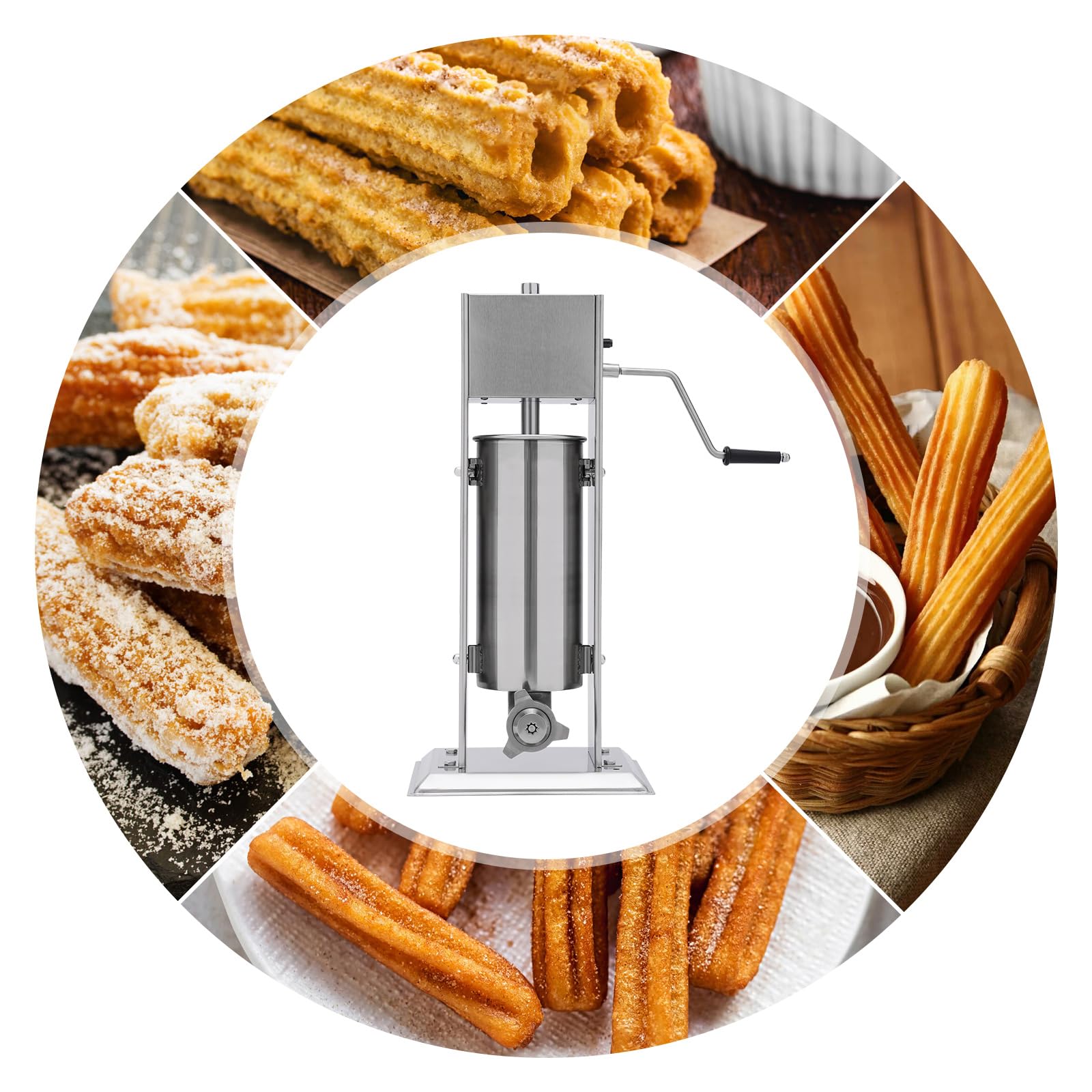 Machine à churros manuelle professionnelle de 5 l - Équipement de collation multifonction - En acier inoxydable - Avec 4 buses (3 formes différentes) - Pour un usage professionnel ou privé