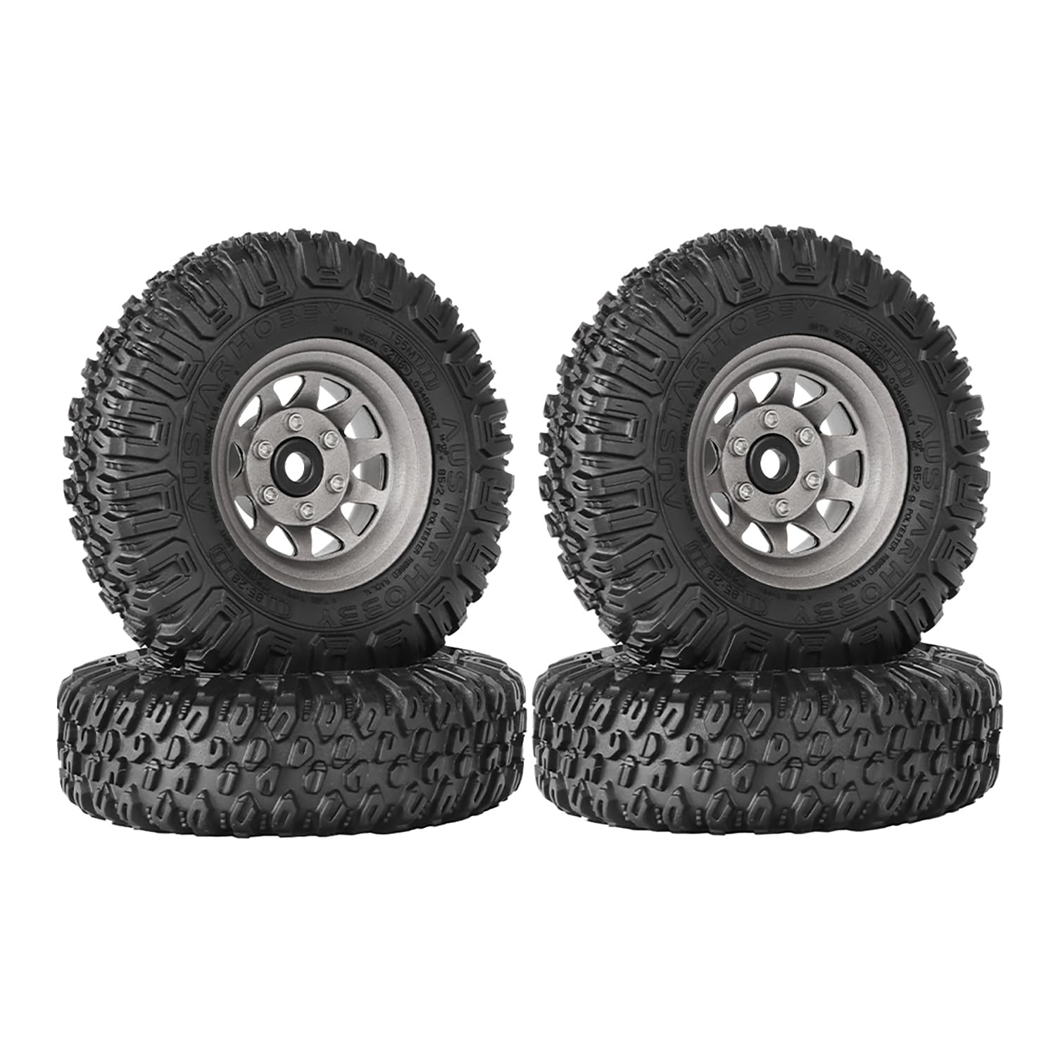 KINGCOO 4PCS 1.55 inch Aluminum Alloy Metal 10Spoke Beadlock Wheel Rim Tyre and Rubber Tires Set for 1/10 RC Rock Crawler Car for Tamiya Axial AX90069 UTB18 D90 TF2 CC01 LC70 (Grey, 85MM)