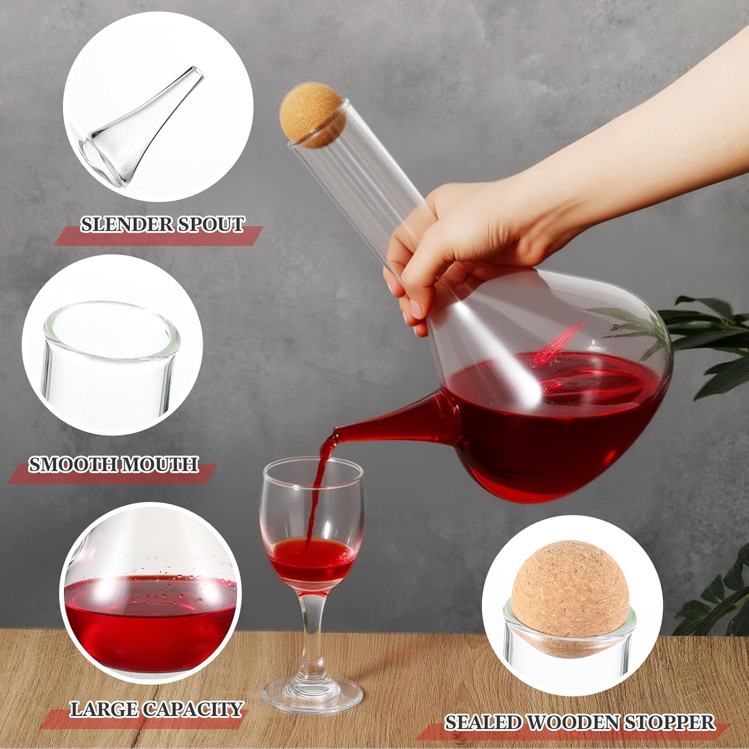 Hushee 50 oz Porron Wine Decanter Spanish Wine Pitcher Carafe with Lid Lead-free Glass Jug for Adults Party Holiday Birthday Gift (1500ml)