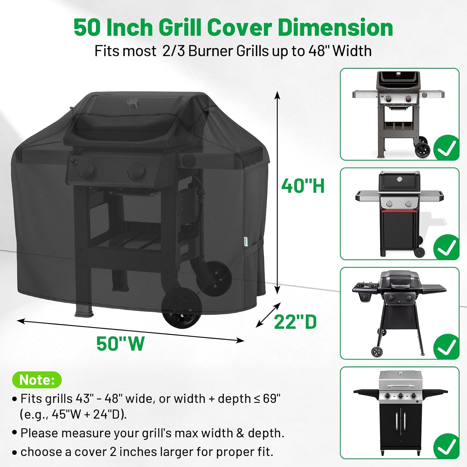 Grill Cover 50 Inch, Heavy Duty Waterproof BBQ Grill Cover for Outdoor Grill with Windproof Straps/Air Vents & Handles, Barbecue Gas Grill Cover for Weber, Char-Broil, Nexgrill, Black