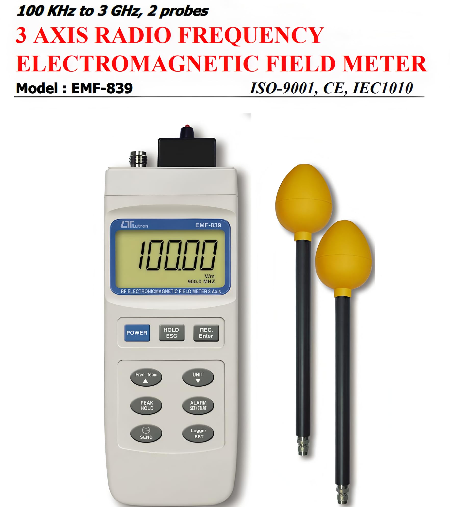 i-POOK 3 AXIS RADIO FREQUENCY ELECTROMAGNETIC FIELD METER EMF-839 Electromagnetic Field Meter range from 100 kHz to 3 GHz High Accuracy and Resolution <2 dB with RS232 interface Made in Taiwan