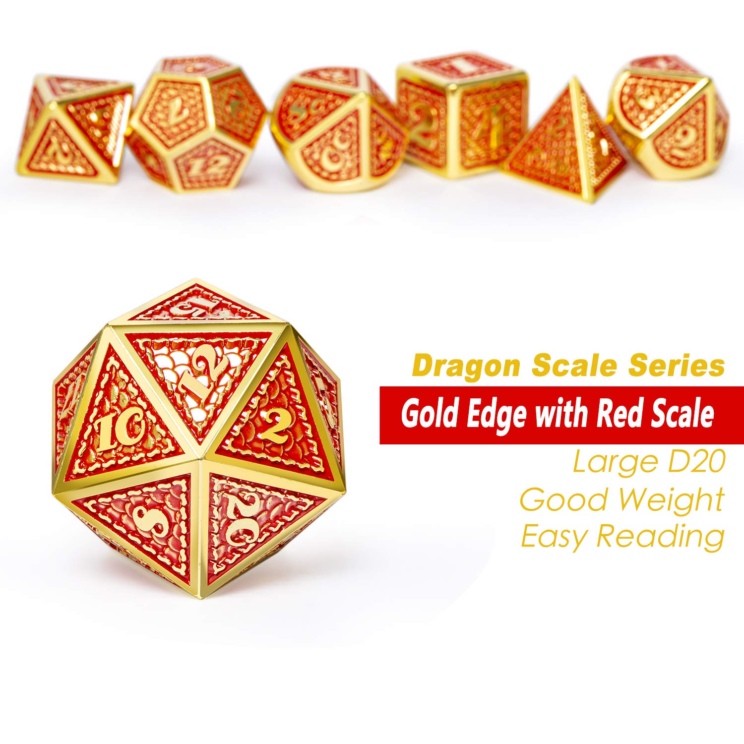 DNDND - Juego de 7 dados de metal para juegos de dragón rojo con bolsa de terciopelo para juegos de D&D Dungeons y Dragon (rojo con borde dorado)