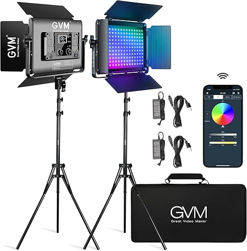 GVM - Luz de video LED RGB con kits de iluminación 680RS 50W LED con control Bluetooth 2 paquetes de iluminación de fotografía para estudio de