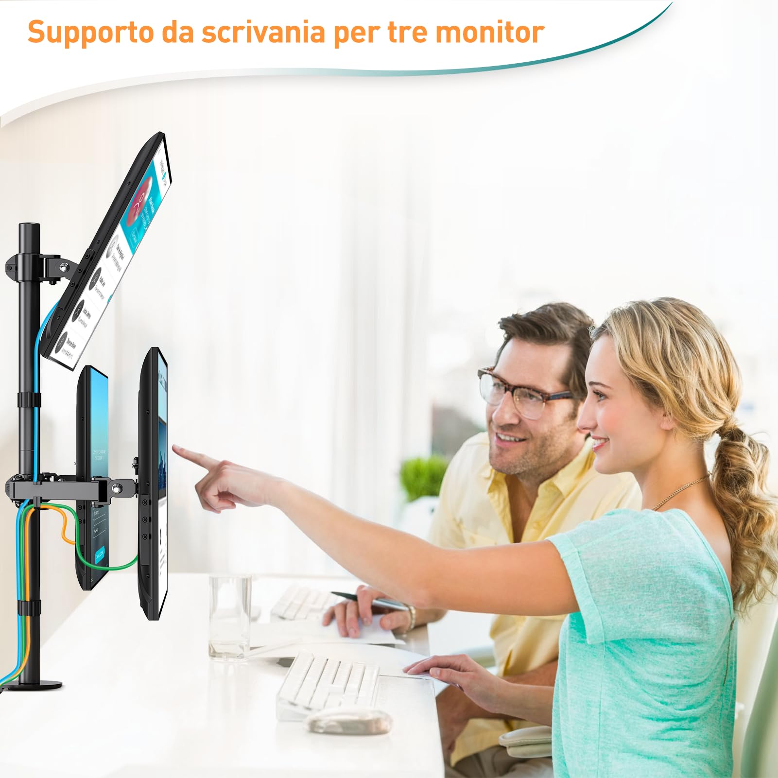 ELIVED Supporto per monitor 3 monitor per schermi da 17 a 32 pollici, braccio a tre monitor, altezza regolabile, asta alta 80 cm, max. 8 kg per braccio, VESA 75/100 mm, EV4013
