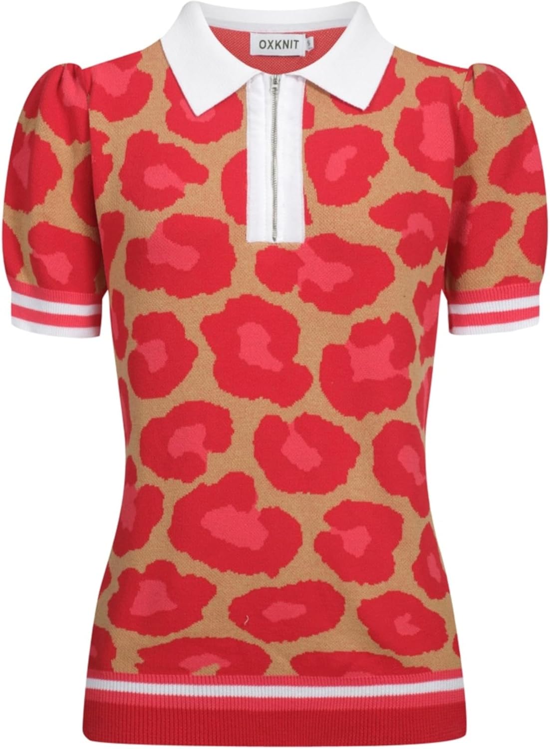 OXKNIT Women's Knit Polo Shirts Short Sleeve, 1960s Retro Leopard Print Red V-Neck Pull-on Tops with Quarter Zipper