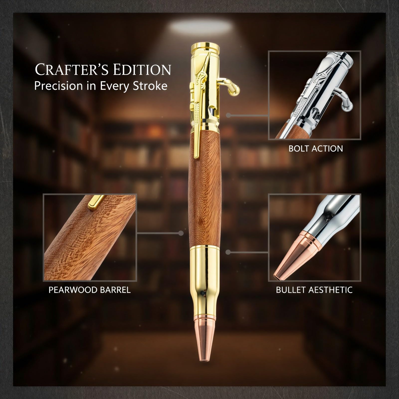 6 Stk. Bolt-Action-Stift Set, Patronenstift mit Birnenholz und Metallgehäuse, nachfüllbare Kugelschreiber als Geschenk für Männer, besondere Schreibwaren fürs Büro, Geburtstag, Vatertag, Gold Silber