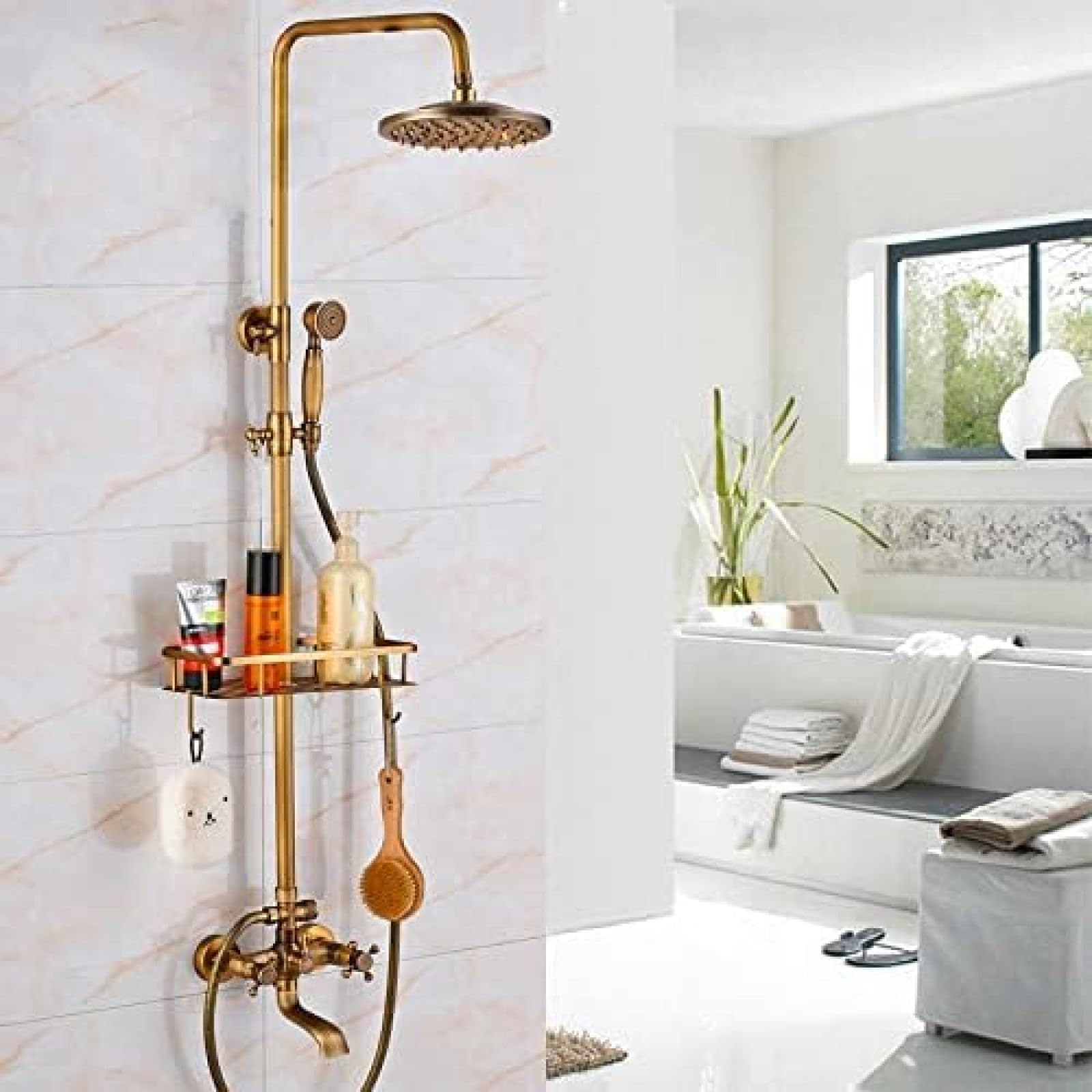 WXPGFEQ Shower Set Wall Mounted Antique Brass 8 inch Round Rainfall Shower Head with tub spout Brass Hand Sprayer Mixer tap Bath Faucet-a,b,