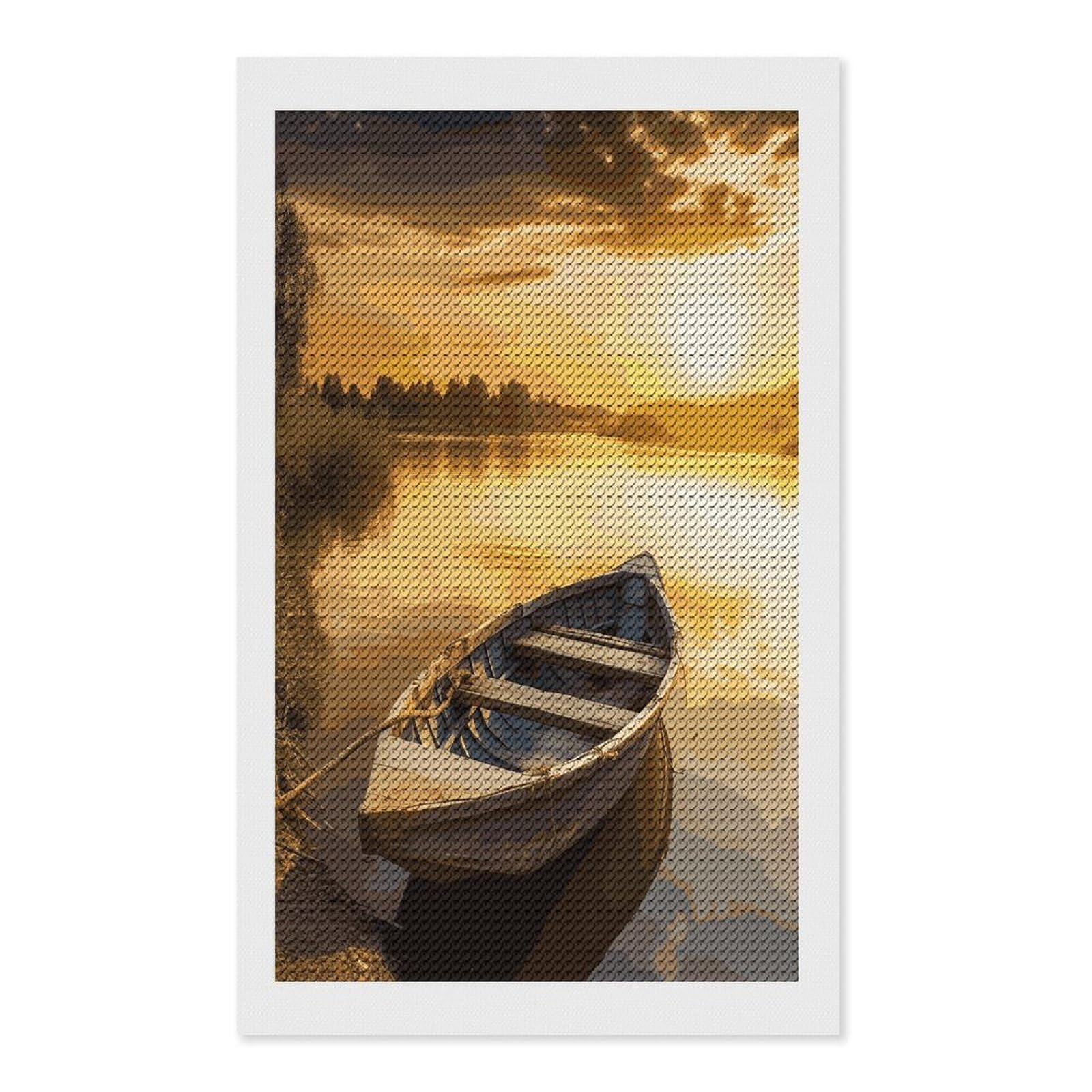 FekiLoot River Sunset Wooden Boat Paint by Numbers Kit for Adults Beginner DIY Diamond Dots Paintings Round Full Drill Diamond Art Kits Picture Diamond Art Painting Kits for Home Decor 12"x20"