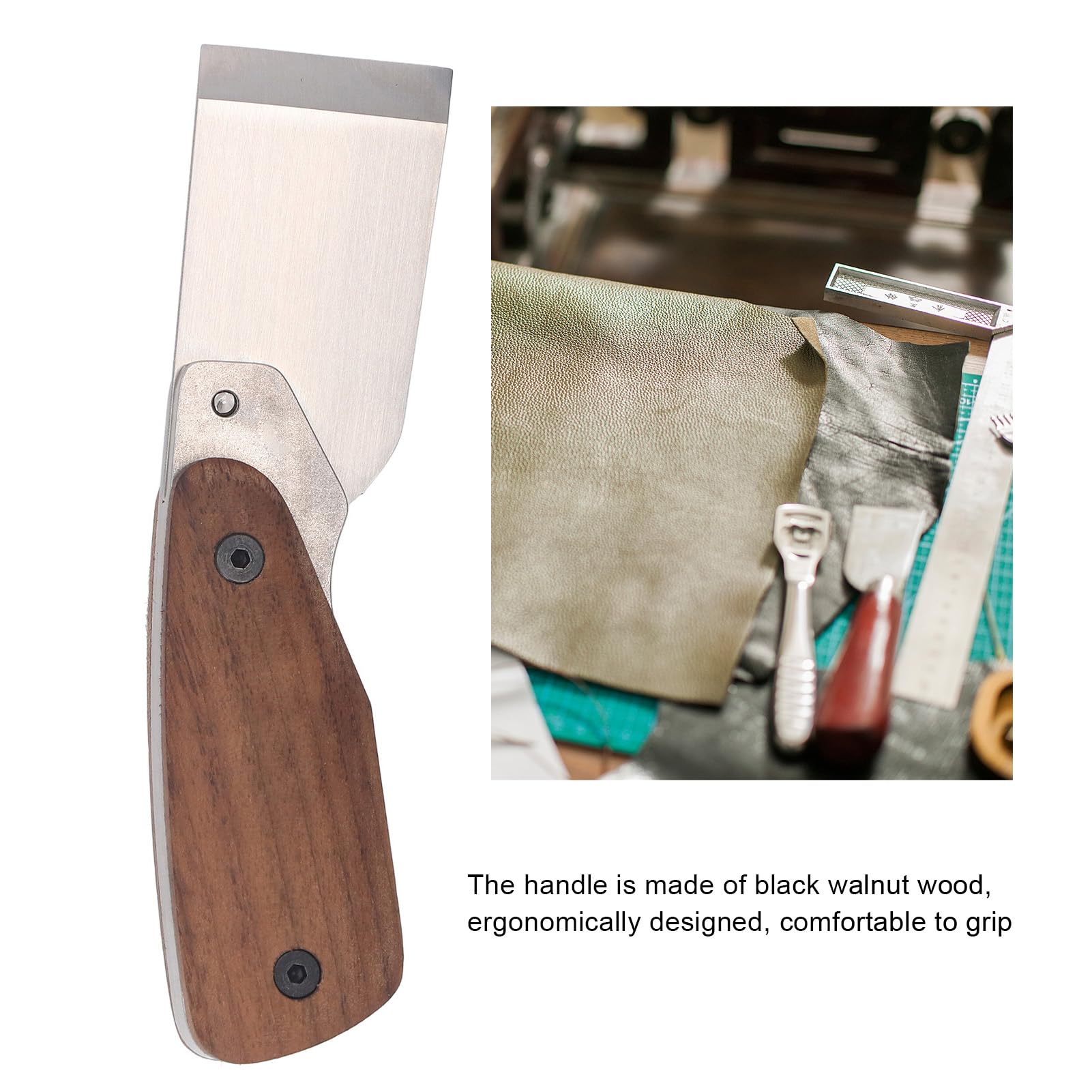 Greensen Strumento di Taglio in Pelle, Coltello Artigianale con Manico in Legno di Noce, Taglierina Scivolo Ergonomica per Funzionamento Fai - -te, Lama Acciaio Inossidabile 304 con Legno Sandalo,