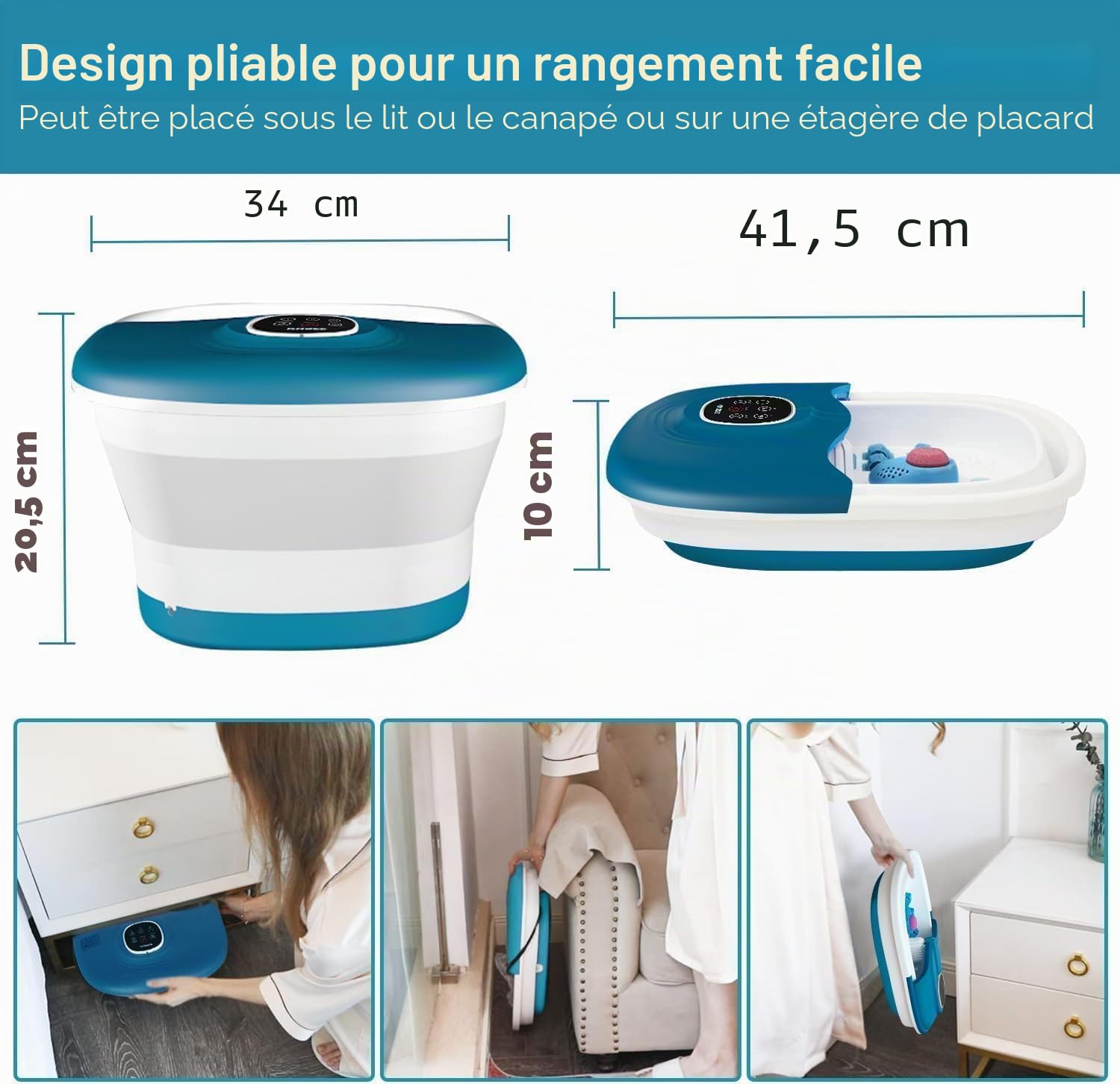 KNQZE Bain de Pied Massant Chauffant, Pliable Spa Pieds Bain Massage avec Télécommande, Minuterie, Vibration, Pierre Ponce, Balneotherapie Pieds avec 16 Rouleaux de Massage, Bleu