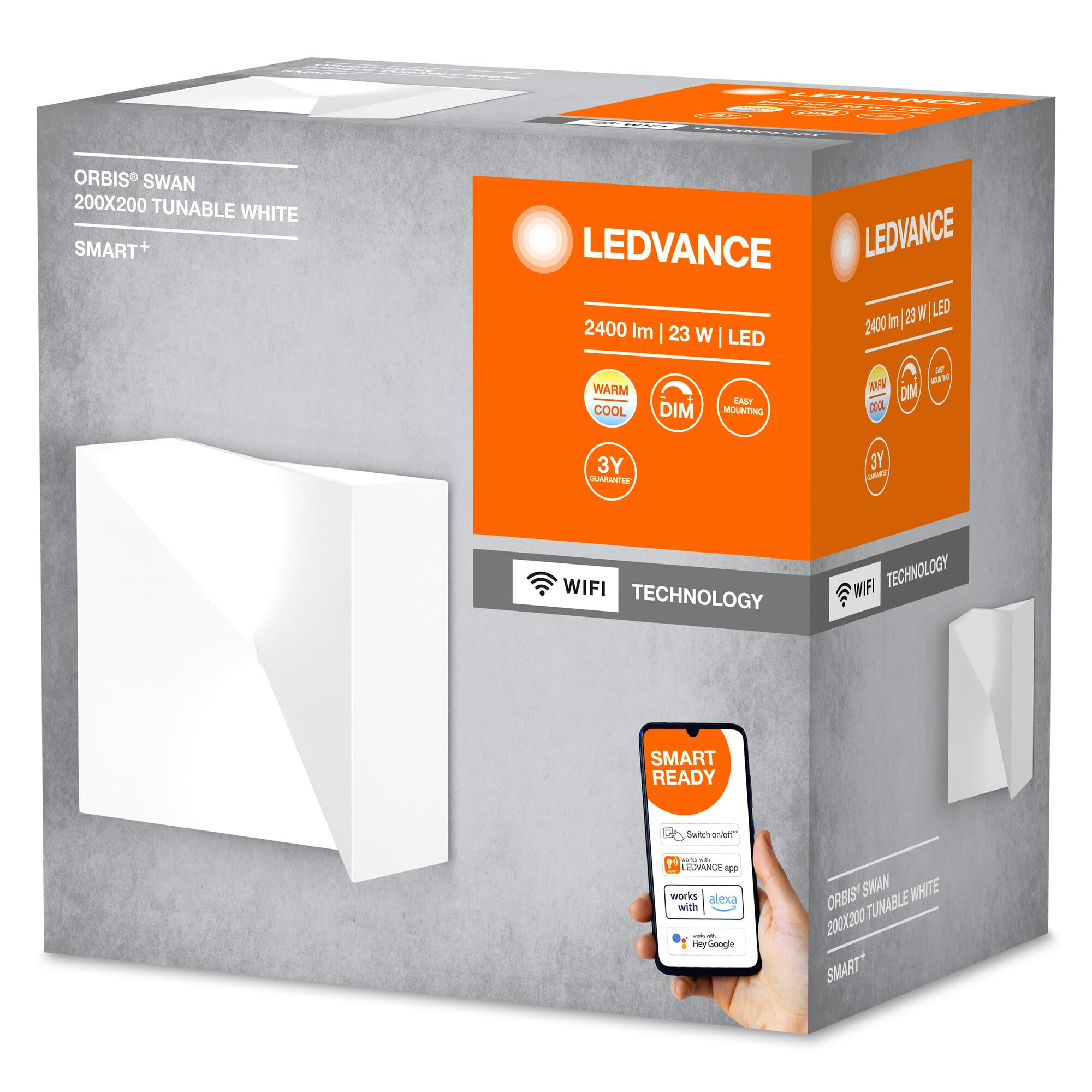 LEDVANCE ORBIS SWAN SMART+ Wi-Fi Leuchte, dimmbare LED Wandleuchte für den Innenbereich, 23W, Farbtemperatur von 3000-6500K, 600 Lumen, bemalbarer Oberfläche, quadratische Form 20x20cm