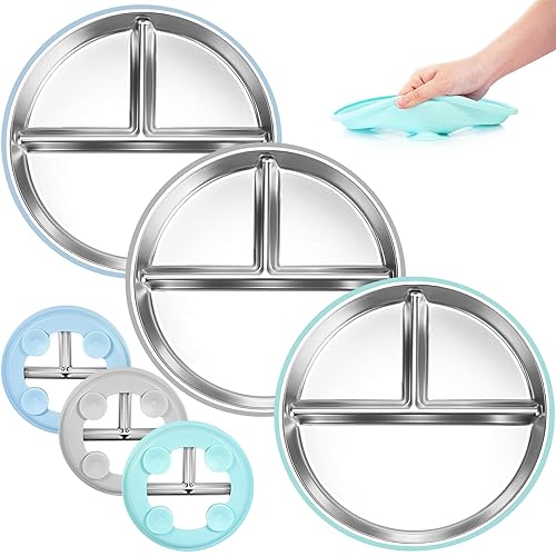 Platos de silicona de acero inoxidable para niños pequeños, 3 paquetes de platos antideslizantes para bebé, porción dividida, placa de silicona de