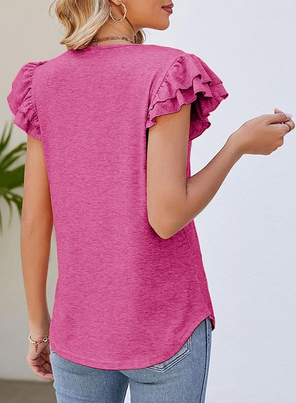 Dokotoo Plus Size T Shirts for Women V Neck Ruffle Short Sleeve Sexy Solid Color Business Casual Womens Clothes Top 2026 Spring Summer Juniors Tee Tunic Tops for Women Loose Fit,Rose Red XX-Large by Dokotoo - Used condition - Image 2