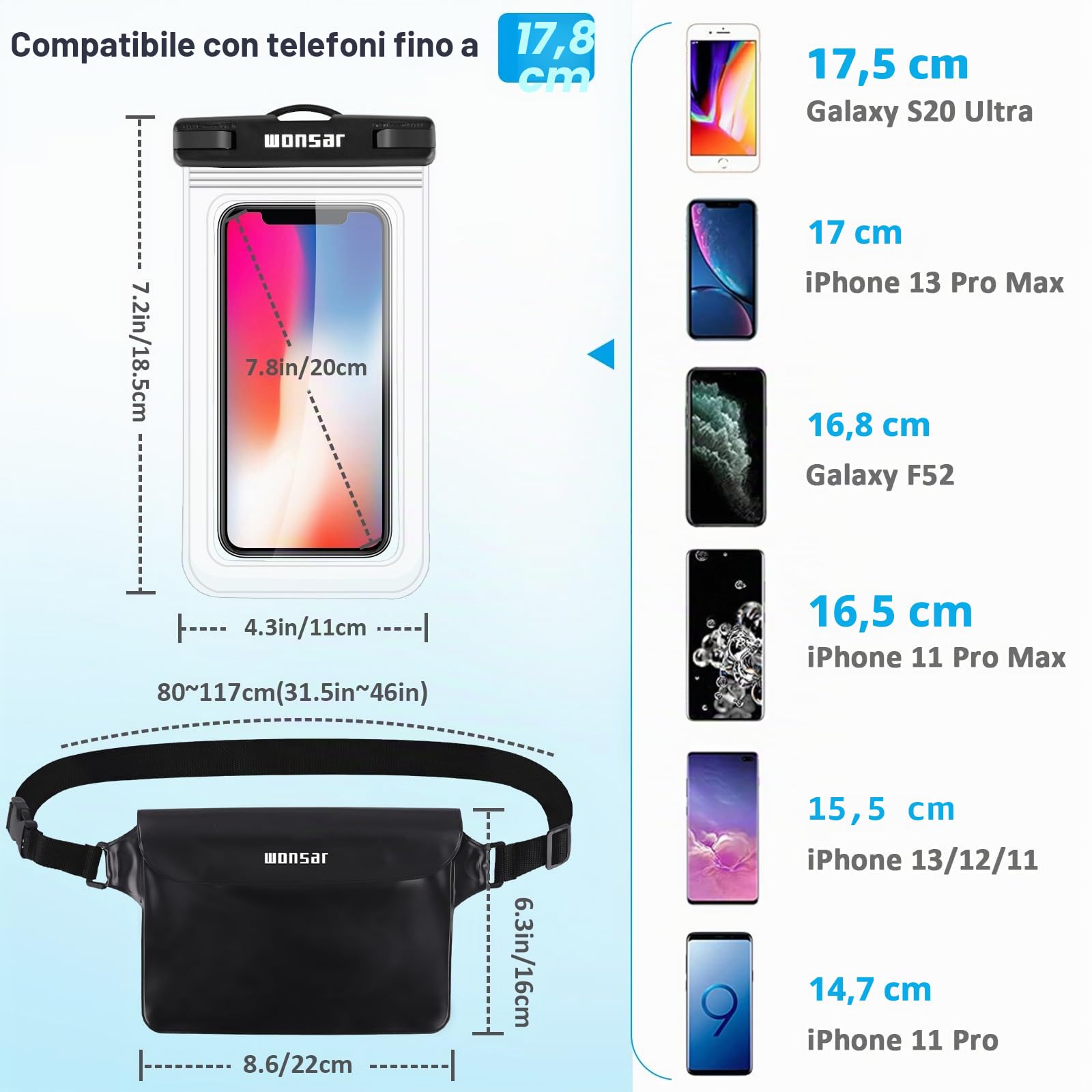 WONSAR borsa impermeabile, marsupio Custodia Smartphone, Porta Cellulare Subacquea Universale per Spiaggia Nuoto, Canottaggio, Pesca, Vela, Escursioni