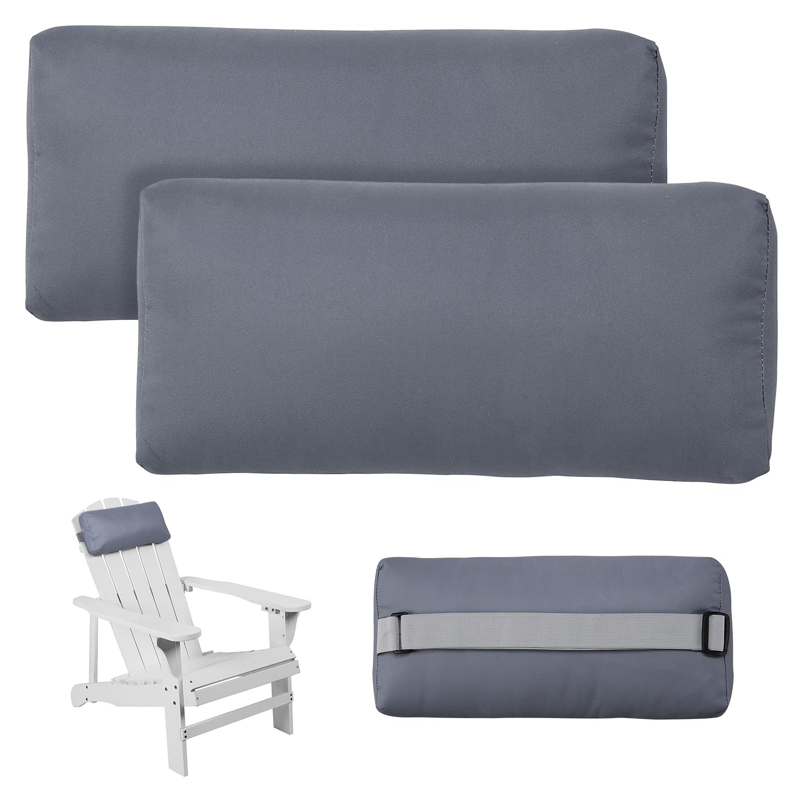 Rasugarlary Headrest Pillow for Patio Chaise Lounge Chair, Outdoor Chaise Pillows with Adjustable Elastic Stripe Head Resting Pillows for Recliner Office Chair, Dark Gray 2 Pack