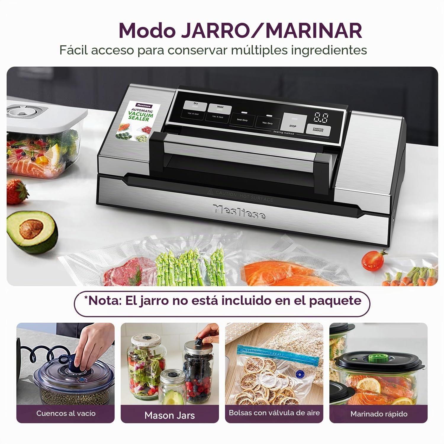 Mesliese Envasadora al vacío 95 kPa 140W, 20 L/min, doble sellado, cortador integrado, + 2 tapas de vacío para tarros y frascos