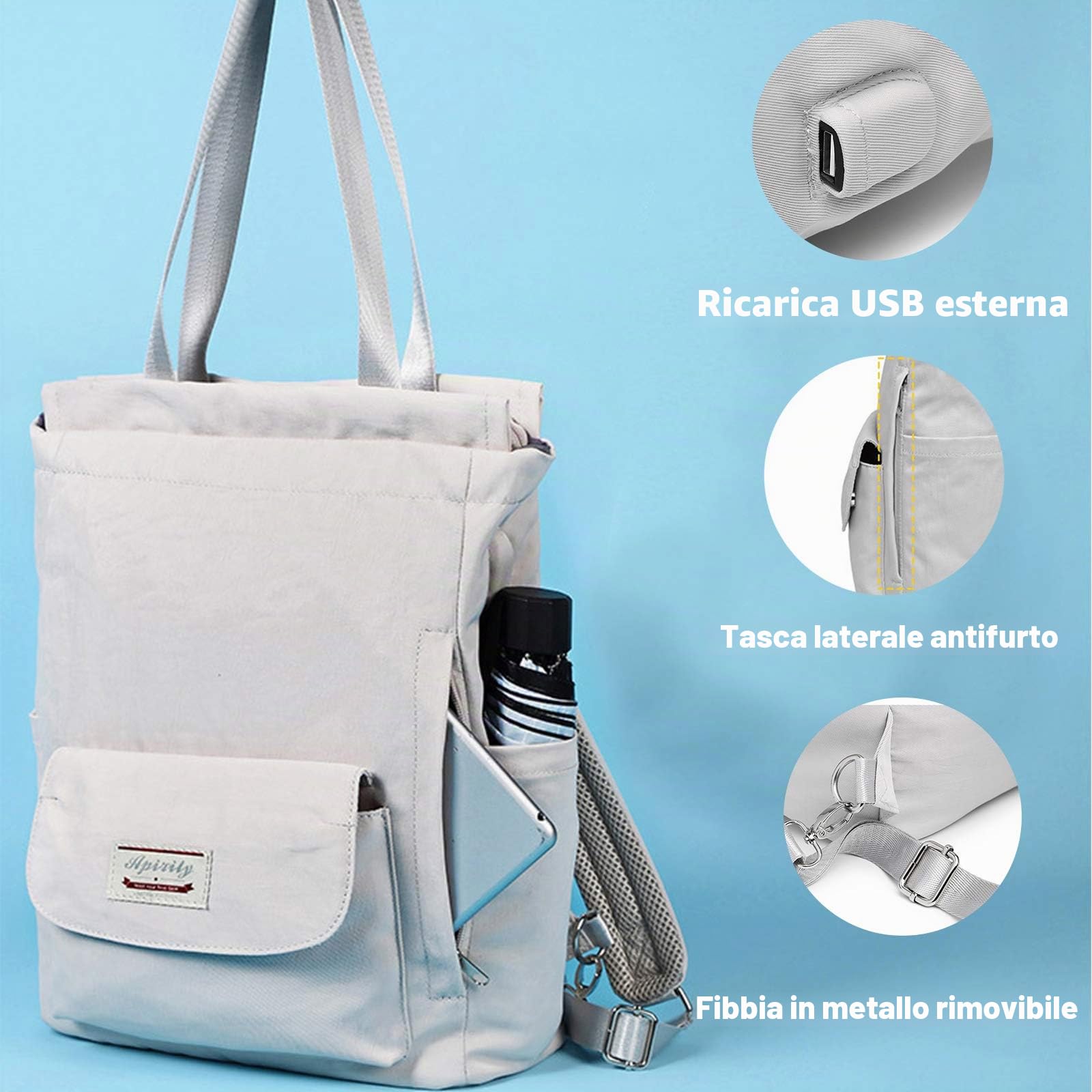 FANDARE Unisex Zaino Casual Borse a Tracoll con Caricatore USB Cinghia per Bagagli Borsa da Scuola Zainetto per 15.6 inch Laptop Backpack Scuola Viaggio Alunno Zaini Durevole Poliestere Grigio