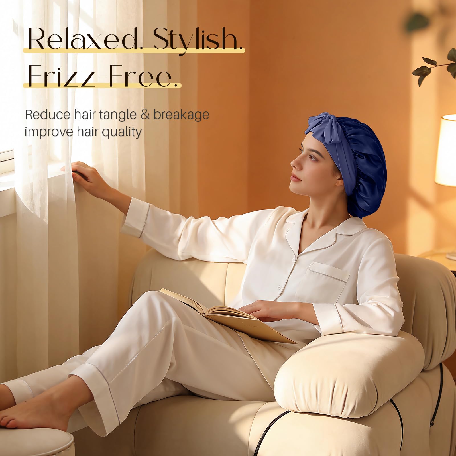 ZIMASILK Cuffia in 100% seta di gelso per donne che dormono capelli lunghi a doppio strato di seta avvolgente con fascia per legare la testa