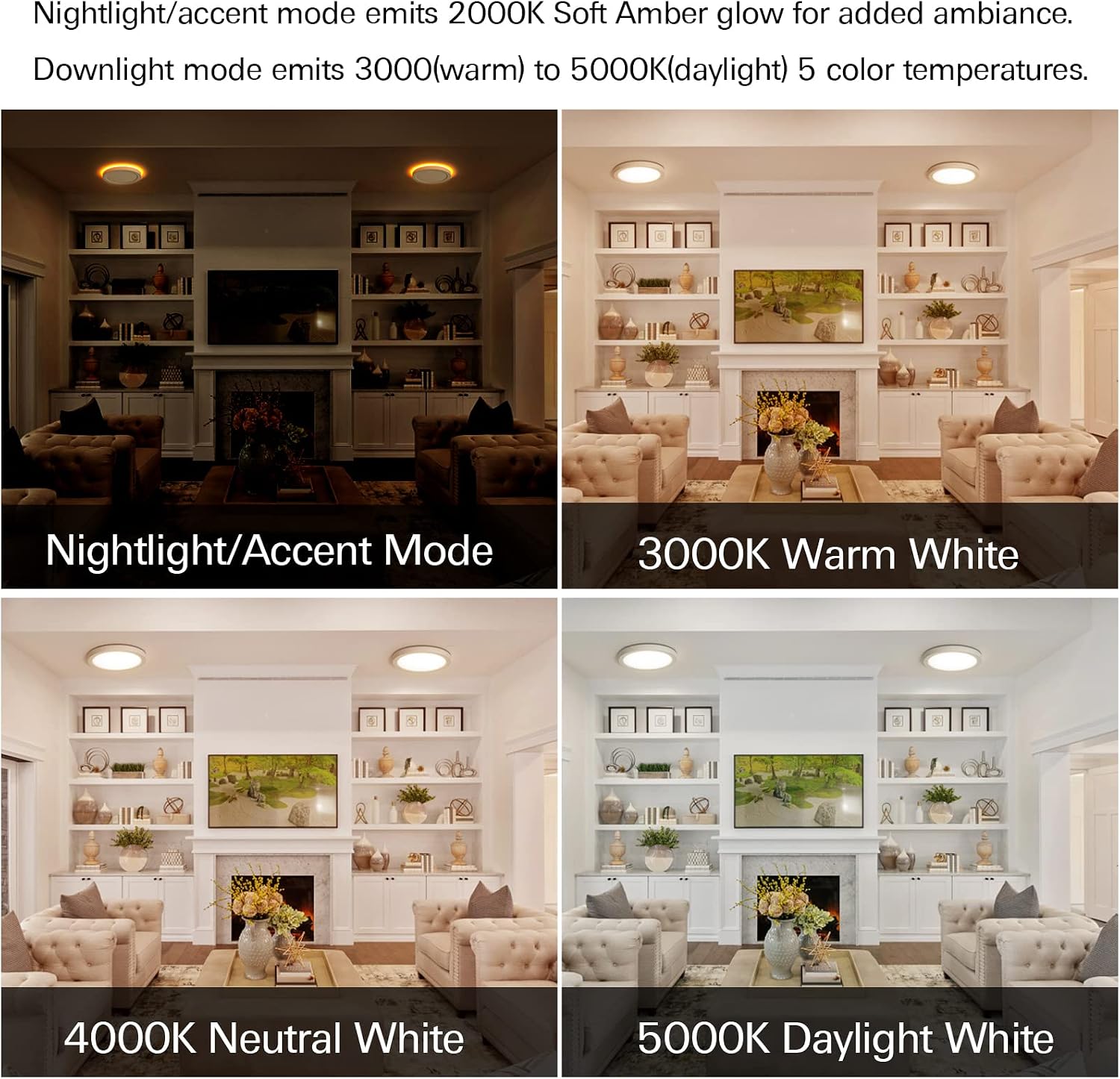 7.5 Inch LED Flush Mount Ceiling Light with Night Light, CRI90, 1275 LM, 15W=100W, 3000K/4000K/5000K Selectable, Round Flat Panel Light, Dimmable Recessed Lighting, LED Can Lights