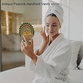 Nerien Vintage Antique Peacock Handheld Vanity Mirror with Comb, Metal Decorative Tabletop Stand, Travel Folding Handle Gift for Women, Bronze