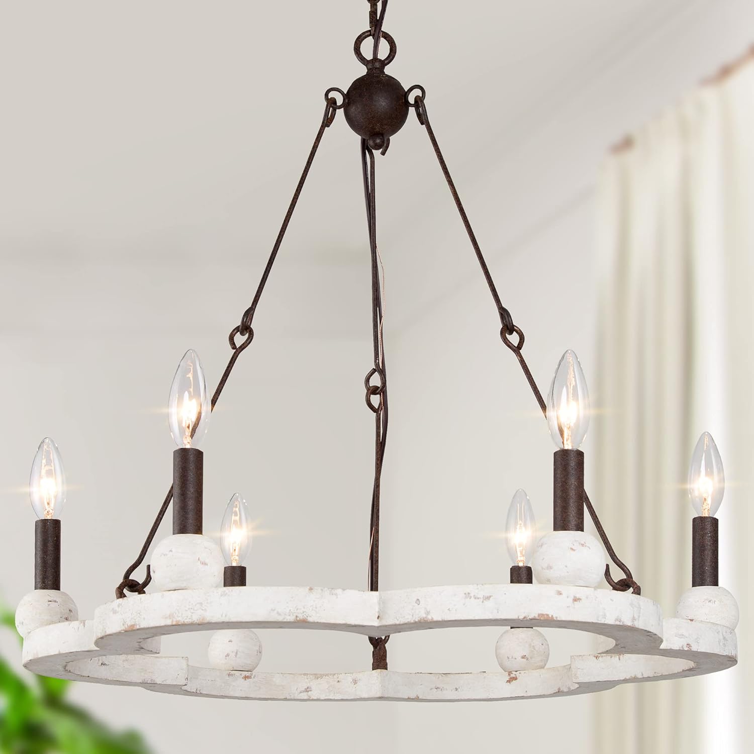 LOG BARN Farmhouse Chandelier for Dining Room, 6-Light Round Kitchen Island Light, Wagon Wheel Chandelier for Living Room, Foyer, Weathered White Wood, 23.5” Dia