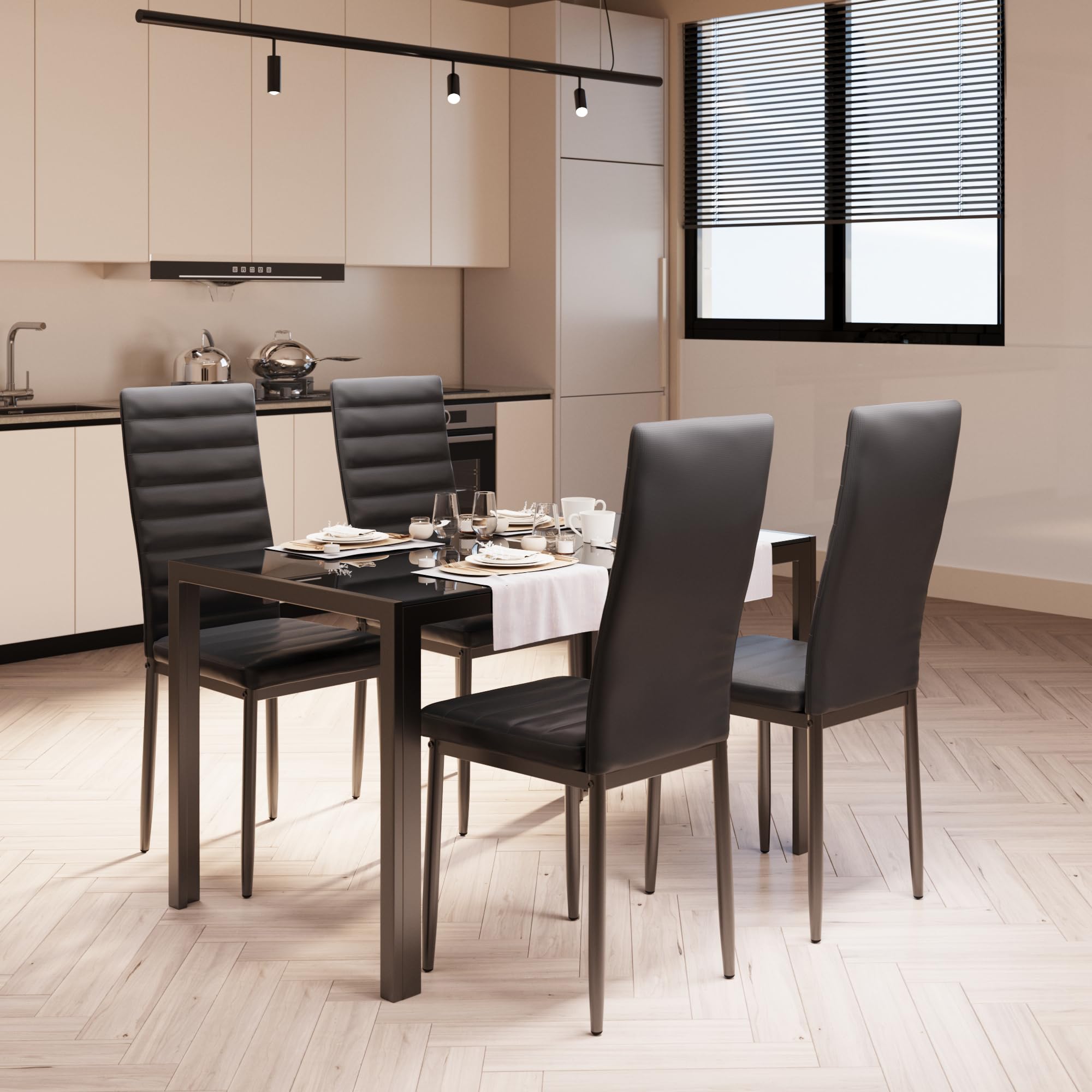Bealife Table à Manger avec 4 Chaises, Table Rectangulaire en Verre Trempé et Chaises en Similicuir Noir