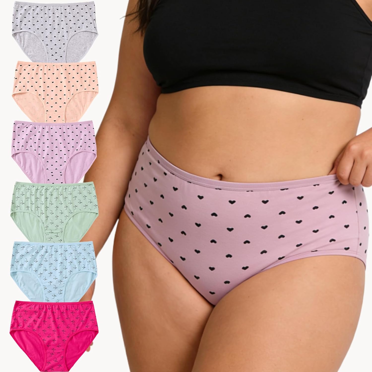 Womens Cotton Underwear Plus Size XL-5XL Ladies Panties Mid High Waist Briefs Undies Heart Bow Print Panty 6-Pack