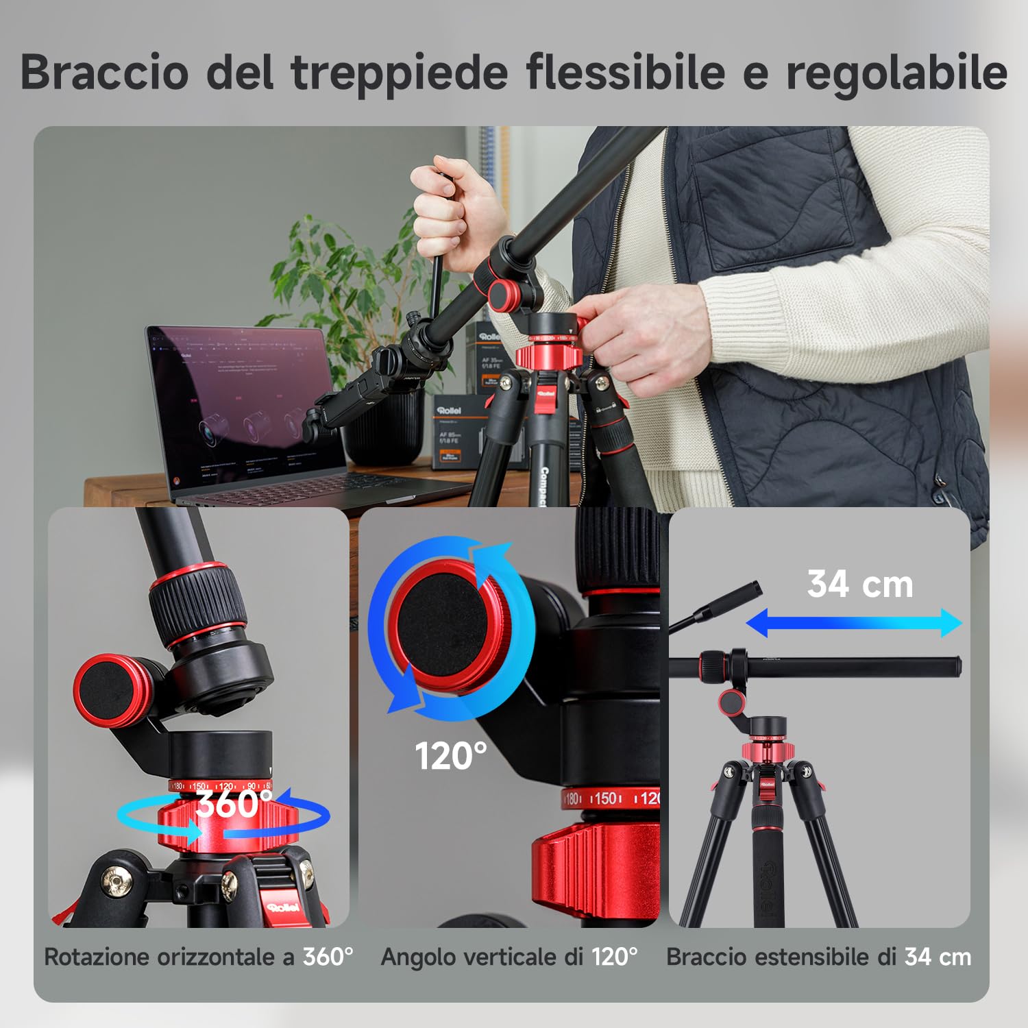 Treppiede Fotocamera 212cm Rollei Compact Traveler No.2 XL Video Cavalletto Fotografico in Alluminio con Braccio Orizzontale Testa Fluida Funzione Monopiede Camera Tripod con Supporto per Telefono
