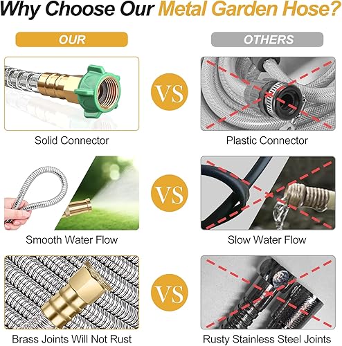 Miniatura 5 de Manguera de jardín de metal de acero de 100 pies  Manguera de agua de metal de acero inoxidable 304 resistente y ligera con boquilla de latón,