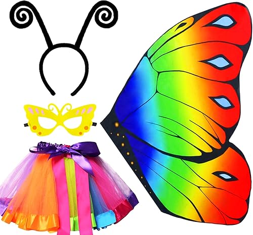 IROLEHOME Disfraces de alas de mariposa para niñas, arco iris, mariposa, ropa de vestir, máscara de antena y tutú, regalos de fiesta