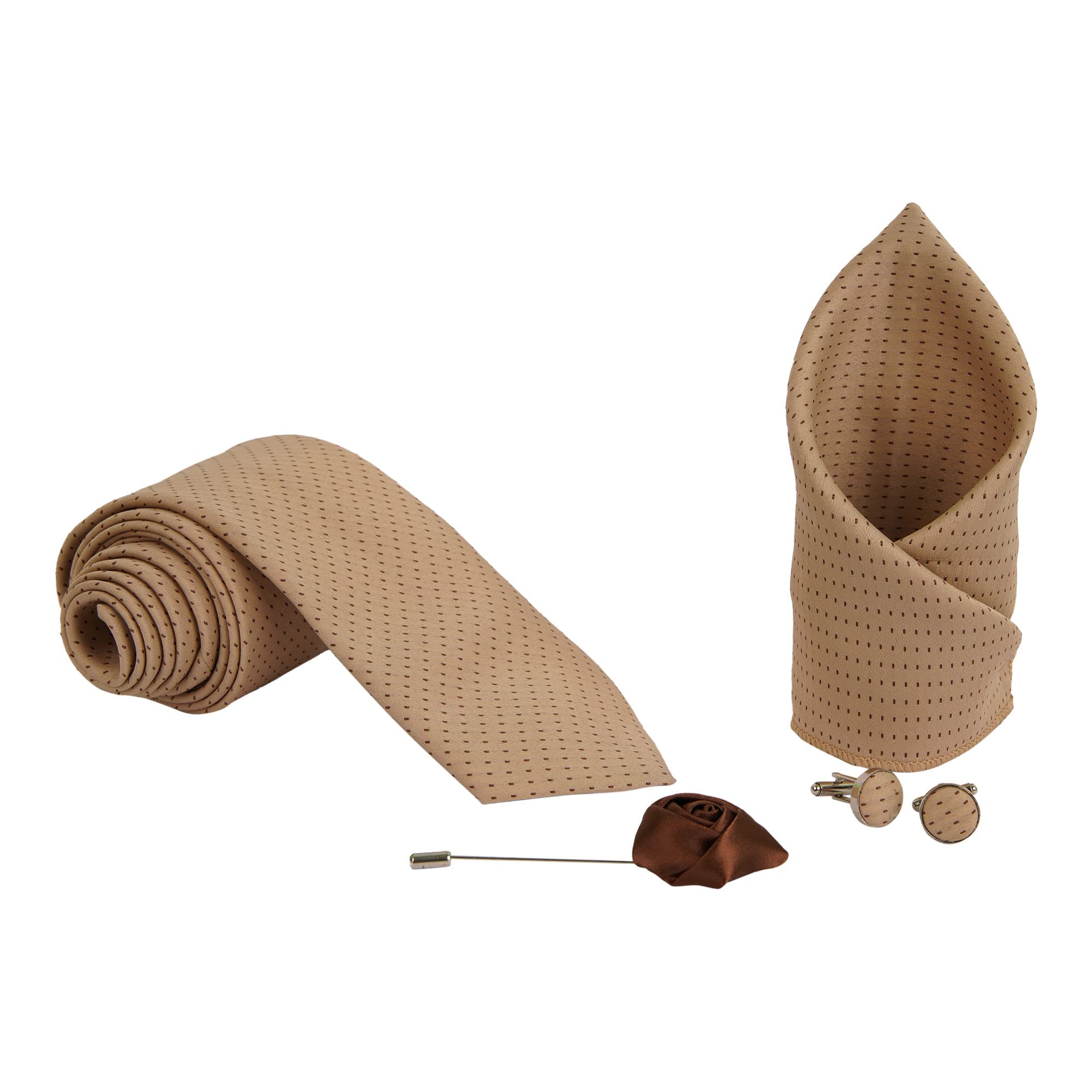 krawatte Men’s Dotted Necktie Gift Set – Beige-Brown Silk-Feel Polyester Tie with Matching Pocket Square, Cufflinks & Lapel Pin – Formal Wedding & Party Accessory-picture-59