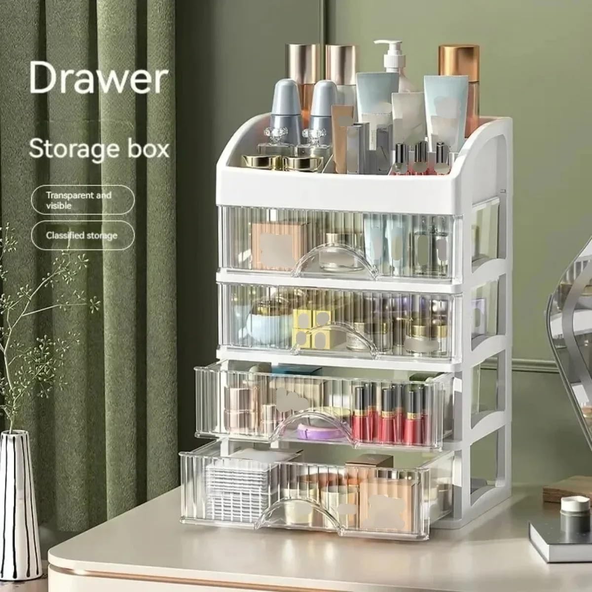 Schminktisch Organizer Aufbewahrungsbox Desktop-Aufbewahrungsschublade Mehrschichtiger Schrank Kosmetikorganisatoren(White-three)