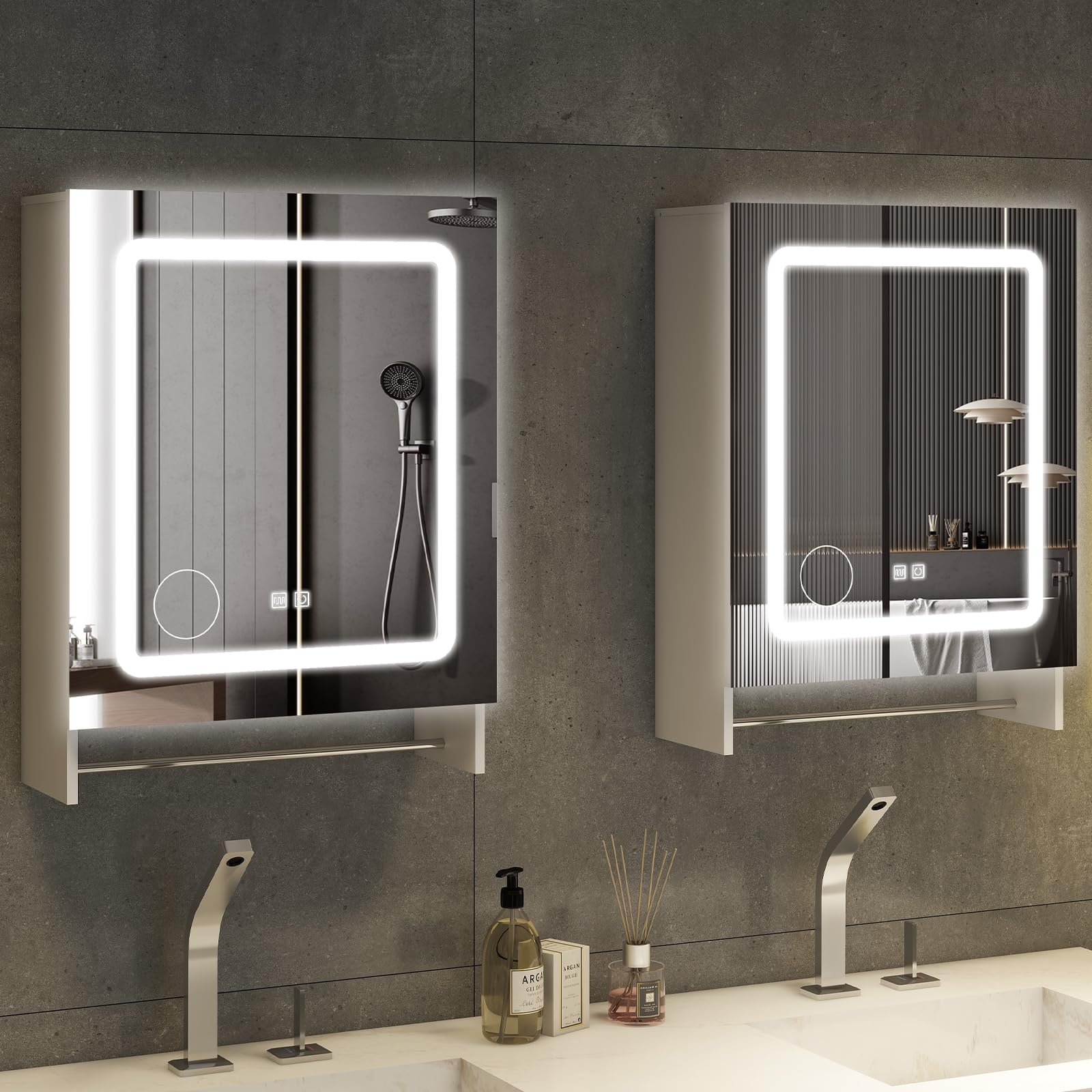 Vabches Specchio da bagno a LED con luci, 50,8 x 66 cm, anti-appannamento, a LED, montaggio a parete, dimmerabile, per parete del bagno, bianco