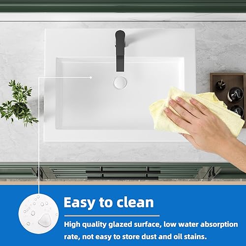 Miniatura 45 de KINGWONG Fregadero de encimera de 24 pulgadas para baño, lavabos de baño rectangulares modernos, poco profundos, de porcelana de cerámica blanca