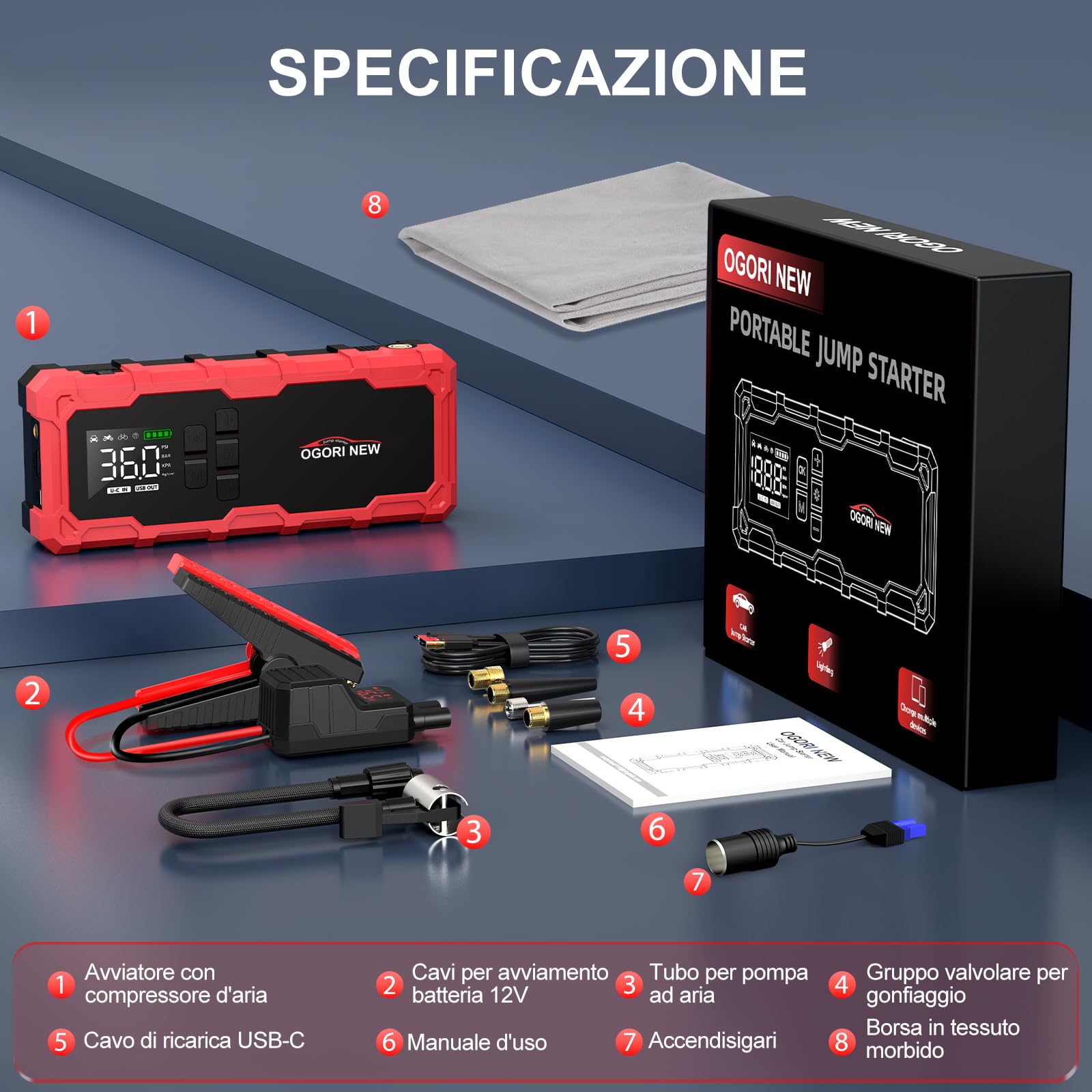 Avviatore Batteria con Compressore 150PSI,7000A Booster Avviamento Auto,Starter Batteria Auto con Torcia, Ricarica USB (8.0L Diesel/10.0L Benzina)
