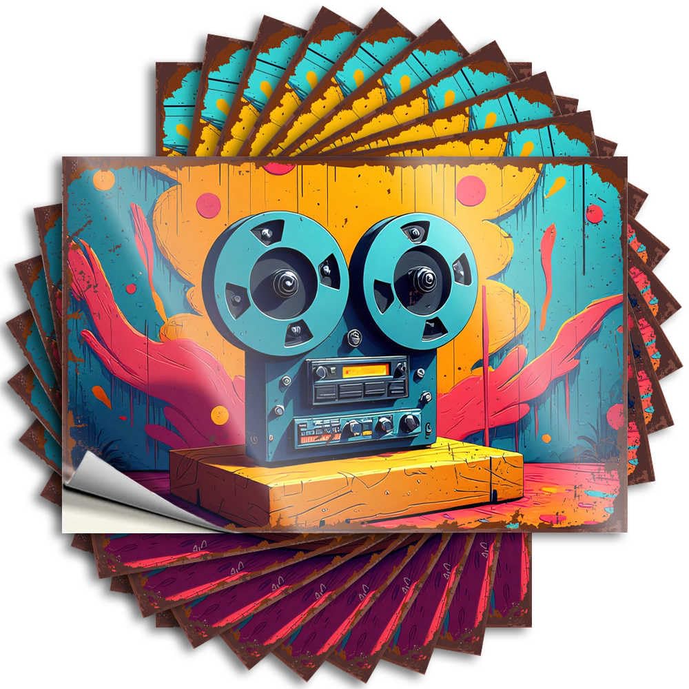 Coffee, Bumper Winter Hat Vibrant Retro Tape Recorder Against Abstract Background | Cool Waterproof Vinyl Stickers(8X12CM)