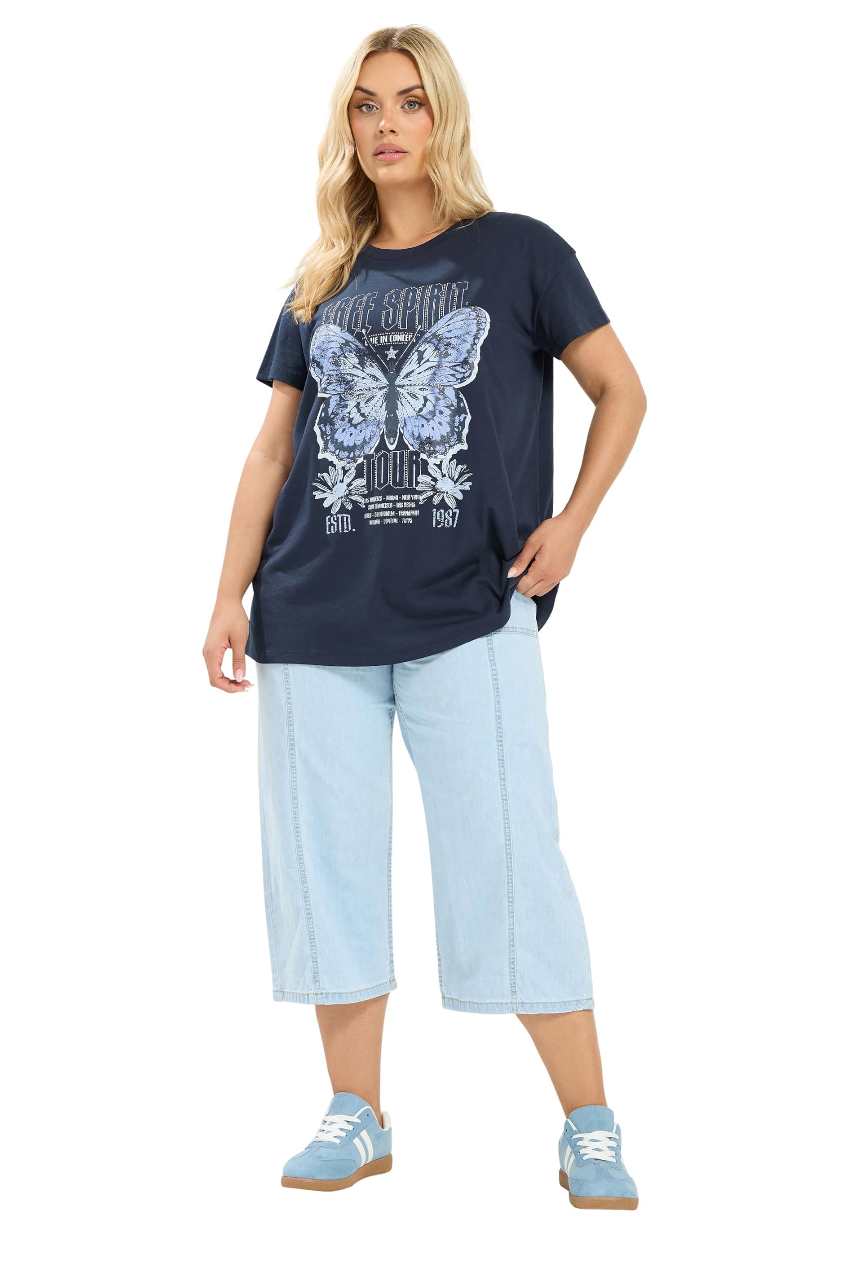 Yours Women's Mid Navy Butterfly Embellished T-Shirt In | Size: 18