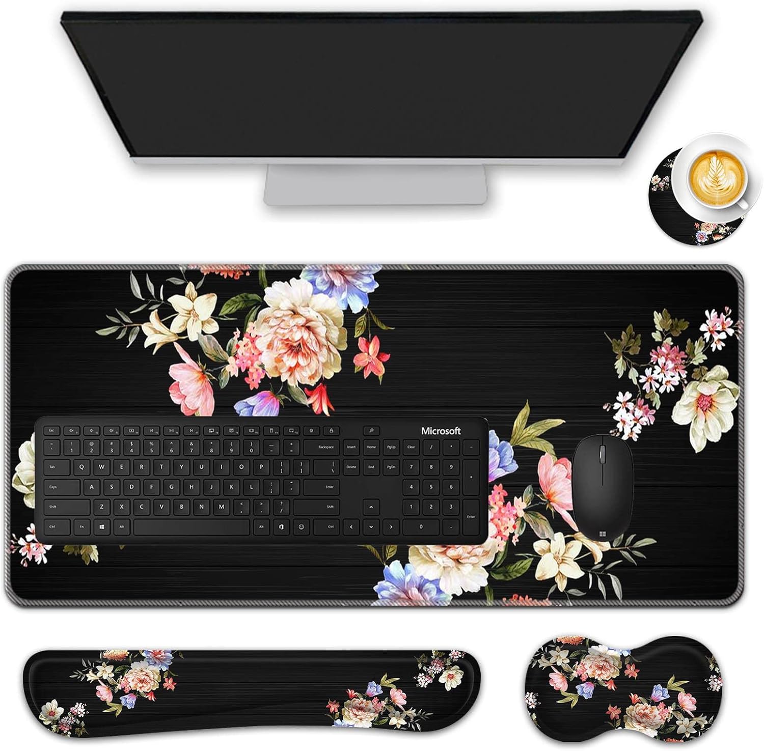 Mouse Pad Set,(31.5×11.8 in) Desk Pad + Keyboard Wrist Rest Support + Mouse Wrist Rest + Coaster for Office,Home,Computer,Laptop - 4 Peony Flower