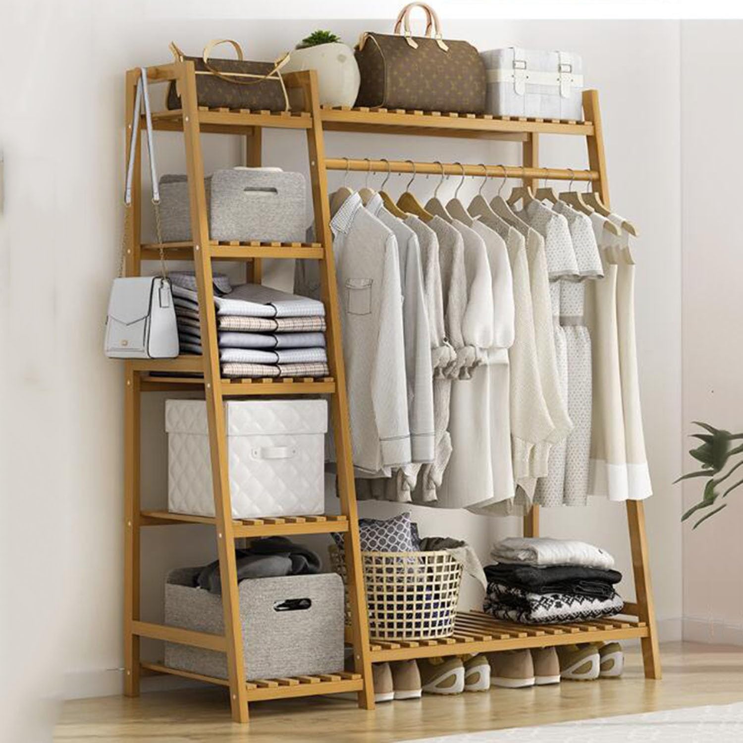 Bamboo Clothes Rack,Coat Stand Hanging Rail with Storage Shelves,Portable Closet with Compartments,Portable Garment Freestanding Hanger,Open Wardrobes,for Bedroom and Entryway