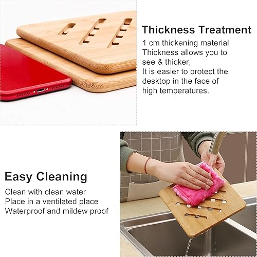 Miniatura 7 de Paquete de 5 salvamanteles para ollas y sartenes calientes con soporte para platos, diseño antideslizante de bambú natural, salvamanteles de bambú
