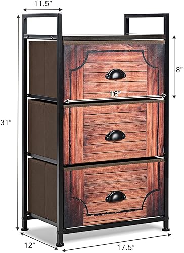 Miniatura 3 de Tangkula Cómoda de 3 cajones, torre de almacenamiento vertical con cajones de tela y marco de acero, unidad organizadora de aspecto industrial de