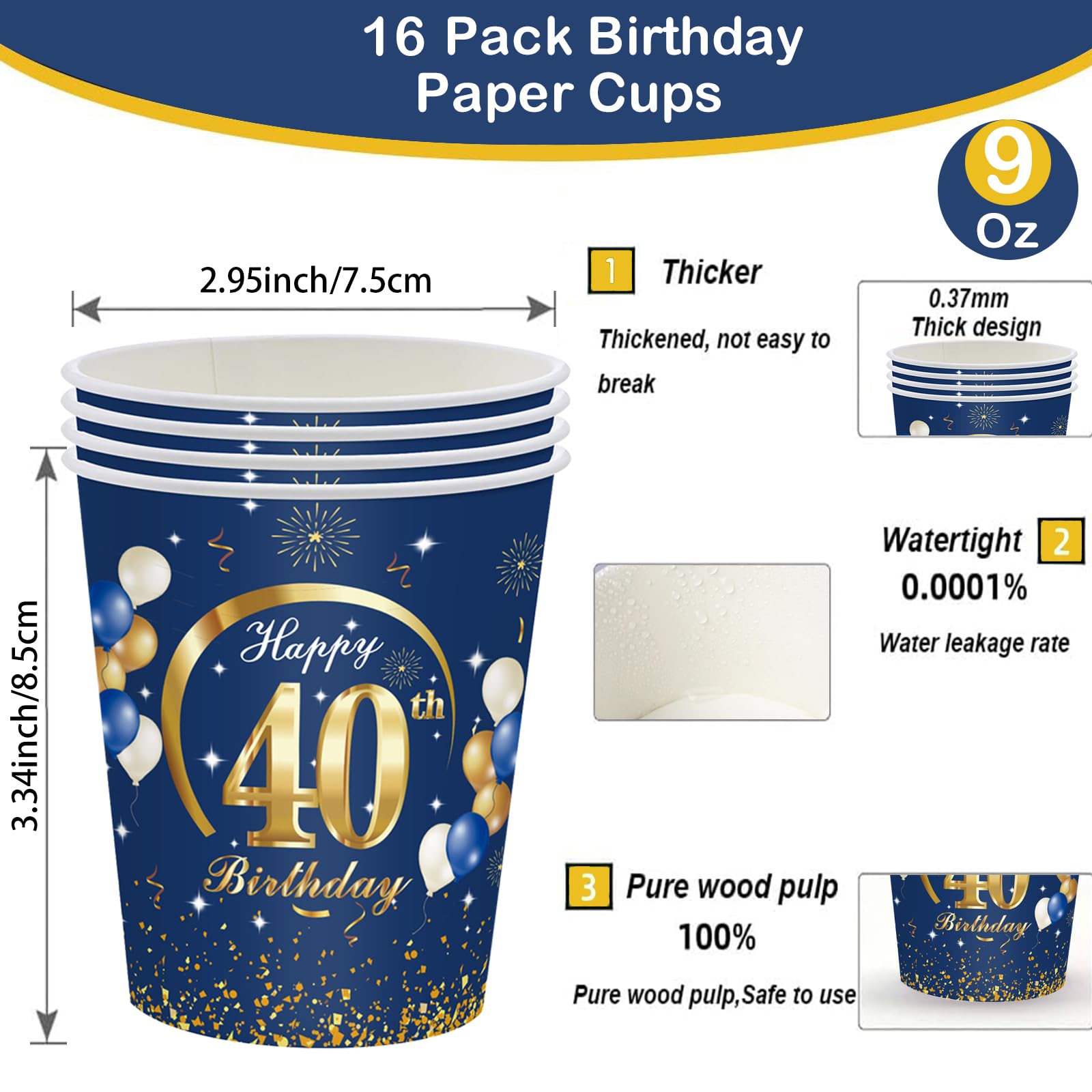 16 Pezzi Bicchieri di Carta per 40° Compleanno Blu Oro, 40 Anni Bicchieri per Feste,9oz/250ml Tazze Ecologici Carta di Usa e Getta,Decorazioni Festa Compleanno -16 Ospiti