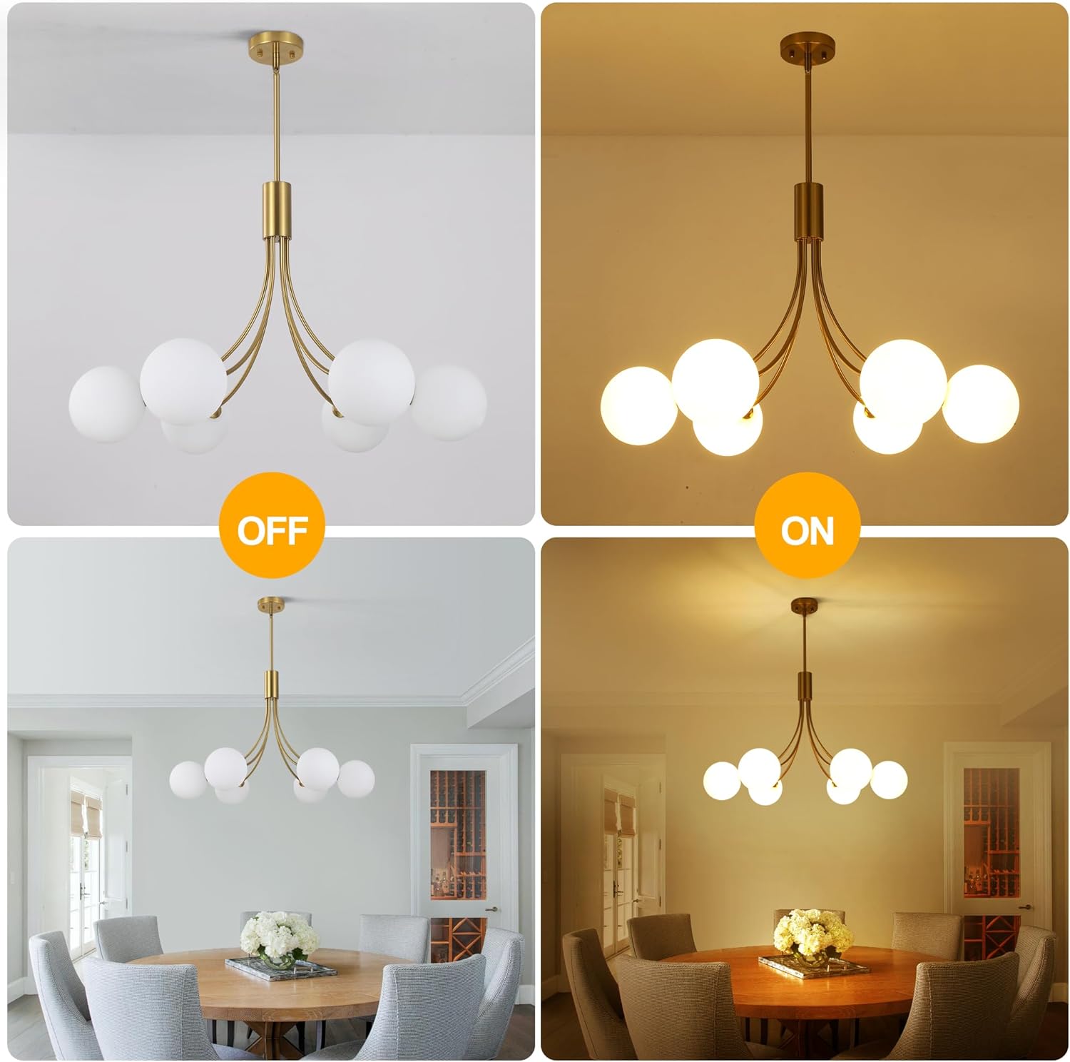 6-Light Modern Gold Sputnik Chandelier Mid Century Brushed Brass Light Fixture with Milk Glass Globes for High Ceiling Dining Room Kitchen Island Living Room