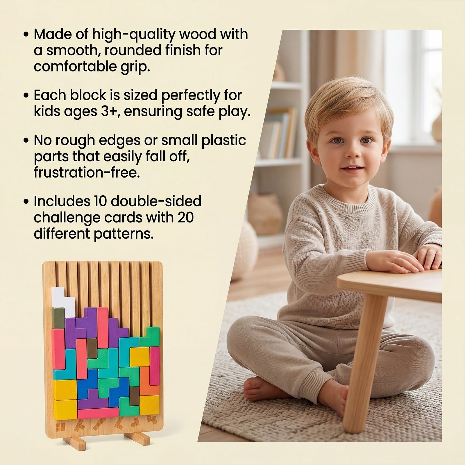 Bloque de rompecabezas de madera para niños – Juego educativo de formas geométricas (Edades 3+) – Estimula la creatividad & Razonamiento lógico para niños