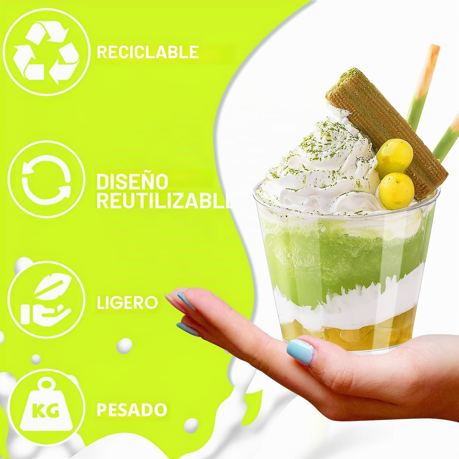 Vasos de Plástico para Postres 180ml, 50 Vasitos con Tapa y Cucharas, Recipientes Reutilizables para Fiestas