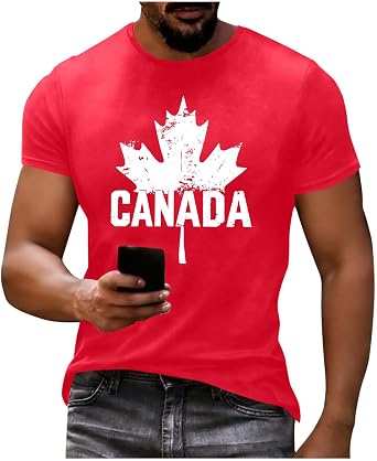 Mens Canada Day T-Shirt Distressed Print Maple Leaf Canadian Flag Vintage Tee Crewneck Short Sleeve Patriotic Tops